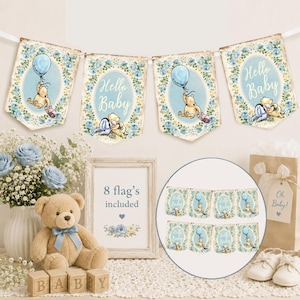 May include: A decorative bunting banner featuring eight pennants with illustrations of Winnie the Pooh holding a blue balloon, surrounded by blue floral wreaths and the text Hello Baby. The set includes a sign stating 8 flag's included.