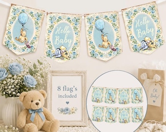 Winnie the Pooh Baby Shower Bunting | Hello Baby Banner | Vintage Pooh Nursery Decor | Baby Shower Decorations | Blue Floral Garland