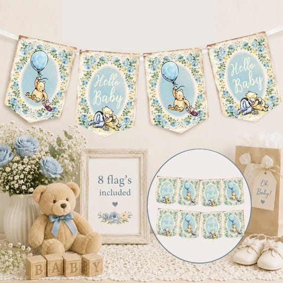 Winnie the Pooh Baby Shower Bunting | Hello Baby Banner | Vintage Pooh Nursery Decor | Baby Shower Decorations | Blue Floral Garland