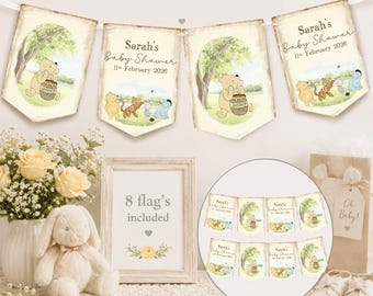 May include: A decorative baby shower bunting banner featuring watercolor illustrations of Winnie the Pooh characters, including Pooh, Tigger, Piglet, and Eeyore. The flags display the text Sarah's Baby Shower and the date 11th February 2026.