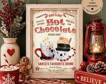 Mrs Claus Hot Chocolate Sign A4 Print | Retro Christmas Kitchen Decor | Hot Cocoa Bar Sign | North Pole Christmas Wall Art