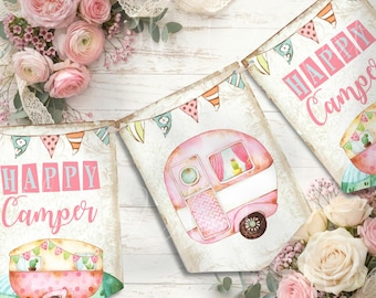 Shabby Chic Caravan Bunting - Campervan Banner - Party Decoration - Retro Birthday - Camper Van Party  - Shabby Chic- Campervan Birthday