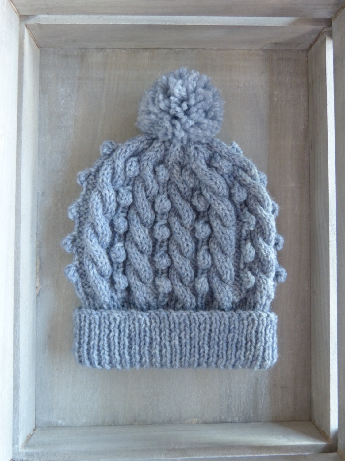 Cable & Bobble Hand Knit Hat With Pom Pom in Grey - Etsy