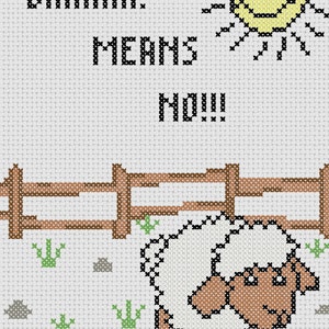 Może przedstawiać: Biała owca z brązowymi oczami i kopytami patrzy w dół. Owca stoi za brązowym drewnianym płotem. Tekst "BAAAAH! MEANS NO!!" jest napisany czarnymi literami na białym tle. Żółte słońce z uśmiechniętą twarzą znajduje się w prawym górnym rogu obrazu.