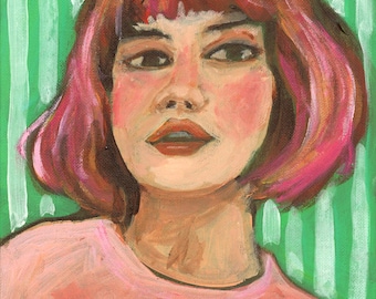 May include: An original painting of a person with pink hair and a pink shirt. The portrait is set against a green and white striped background. The person has rosy cheeks and red lips. The artwork is a close-up of the person's face and upper body.