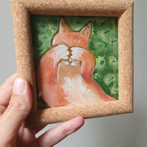 Shy kitten original acrylic painting, 10x10cm, with frame. cat art miniature painting 1 available gift, mini painting