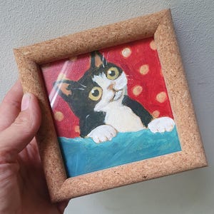 Kitten polka dot, original acrylic painting, 10x10cm, with frame. cat art, Miniature painting,  small painting, kitten, dots, catcollection