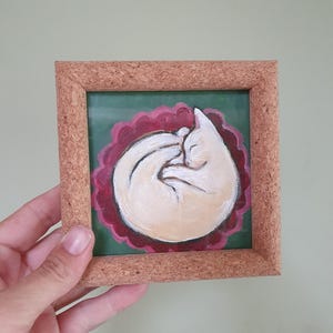 Shy kitten, small original painting of sleeping white cat. Great for the cat fan or as a gift for a friend. Incl frame