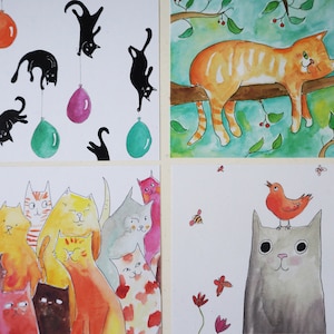4 tarjetas de gato, postales, tarjetas de cumpleaños, fanático de los gatos, amante de los gatos, ilustración, juego de tarjetas, tarjetas festivas, lindas