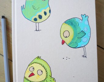 Diary, sketchbook, scrapbook, notebook, handmade, acrylic paint, birds