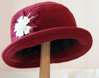 Red cloche hat,  burgundy fleece hat, wine daisy 1920s hat, red winter hat, chemo womens hat, burgundy fleece daisy hat, warm soft