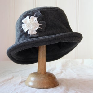 Dark grey fleece cloche hat, winter charcoal hat, warm flowery hat, soft chemo hat, Mother's day gift