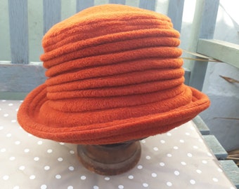 Burnt orange cloche hat, rust fleece cloche hat, homegrown winter fleece cloche hat, terracotta warm hat