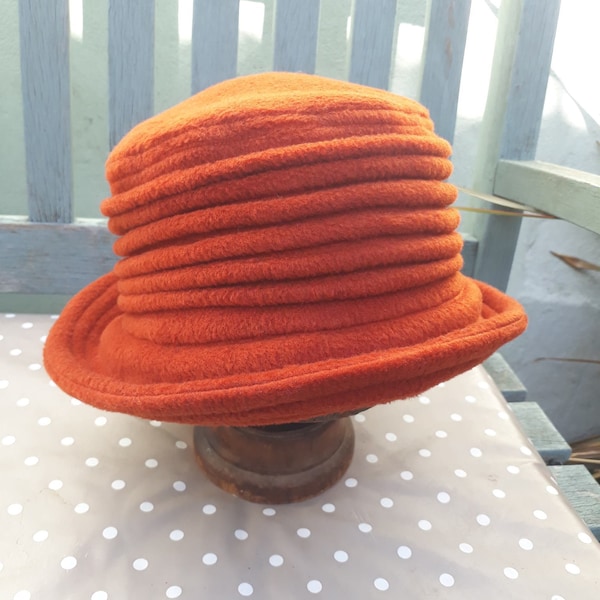 Burnt orange cloche hat, rust fleece cloche hat, homegrown winter fleece cloche hat, terracotta warm hat