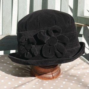 Black velvet cloche hat, black cloche hat, flower cloche hat, velvet bucket hat, black 1920s hat, soft black chemo hat, winter homegrown hat