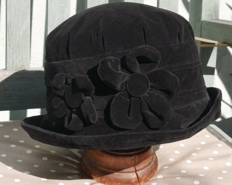 Black velvet cloche hat, black cloche hat, flower cloche hat, velvet bucket hat, black 1920s hat, soft black chemo hat, homegrown hat