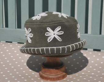 Green fleece cloche hat, khaki green 1920s cloche, daisy flower hat, olive green bucket hat, warm winter chemo