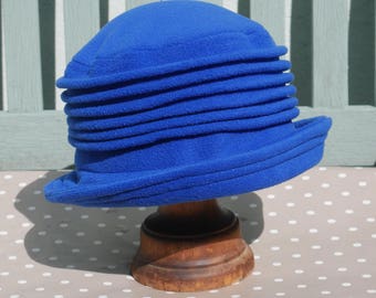 Royal blue fleece cloche hat, bright blue fleece hat, colbalt winter hat, warm cloche fleece hat, 1920s blue cloche hat