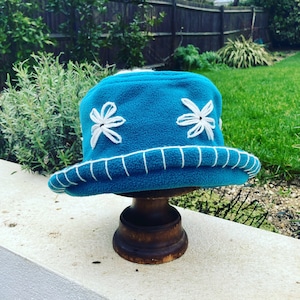 Teal blue fleece hat, teal winter cloche, teal chemo bucket hat, teal daisy flower hat, women&#39;s blue hat, gift for mom, gift for Christmas