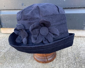 Navy cloche hat,  blue cotton corduroy cloche hat, blue winter hat, blue 1920s hat, blue flower cloche hat, warm blue hat, gift for mom