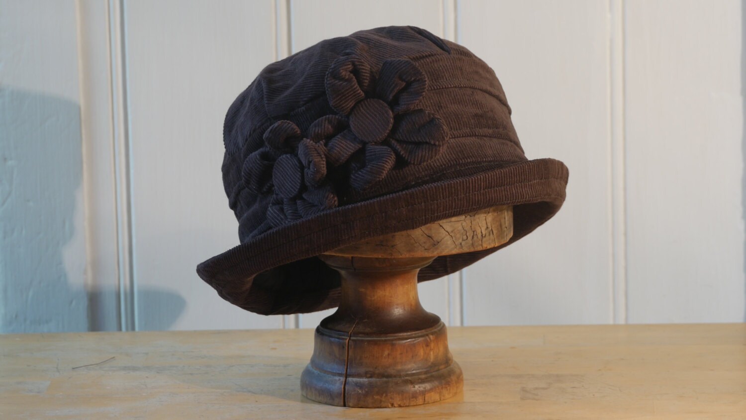Chocolate Brown Corduroy Cloche Hat With 3D Flowers - Etsy display picture 1