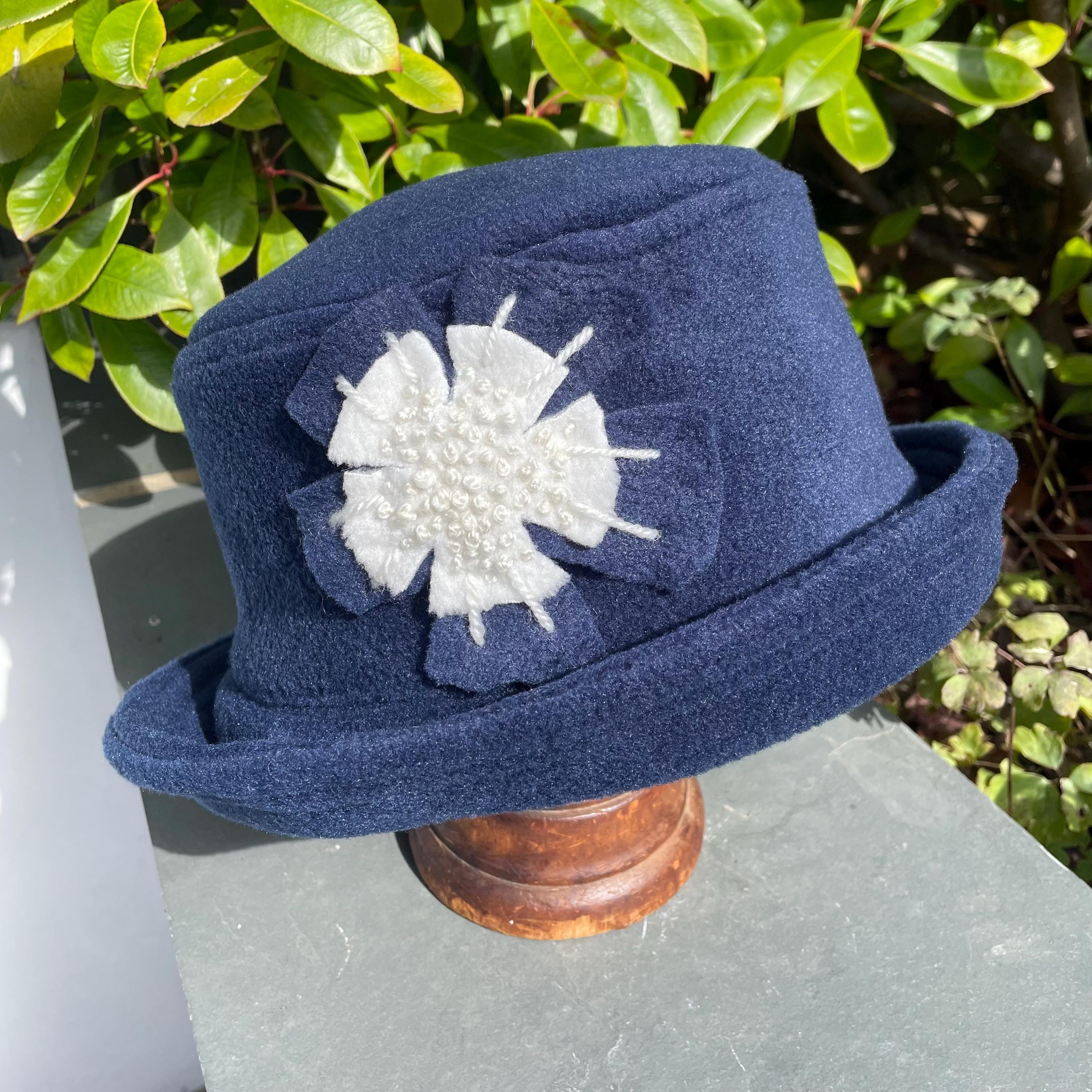 Navy Fleece Cloche Hat With Daisy Detail - Etsy display picture 1
