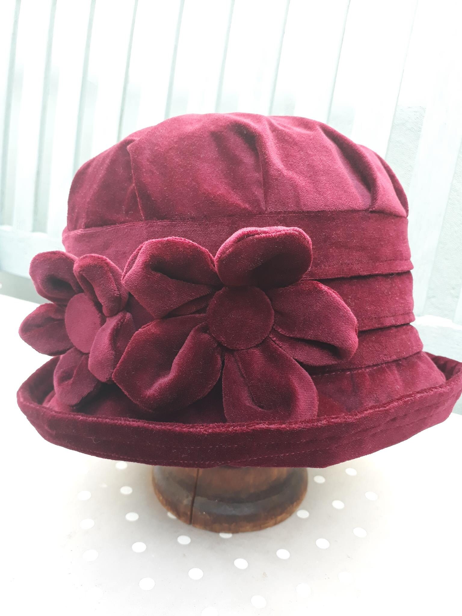 Vintage Style Red Velvet Cloche Hat Feather Flower Accent Flapper 1920 main image 4