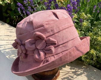 Dusky pink cloche hat, pale pink hat, rose pink corduroy, 1920s art deco style