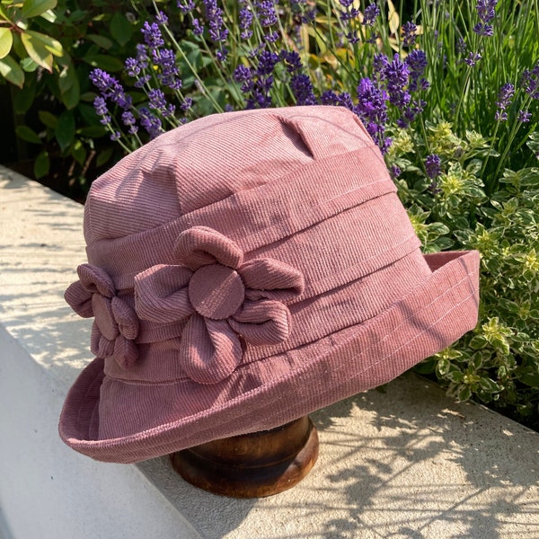 Dusky pink cloche hat, pale pink hat, rose pink corduroy, 1920s art deco style