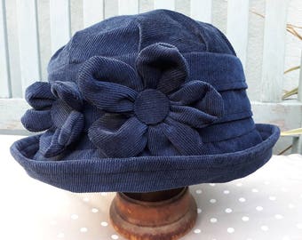 Navy cloche hat, navy blue cloche hat, blue winter hat, blue 1920s hat, blue flower cloche hat, warm blue hat, blue winter hat, gift for mom
