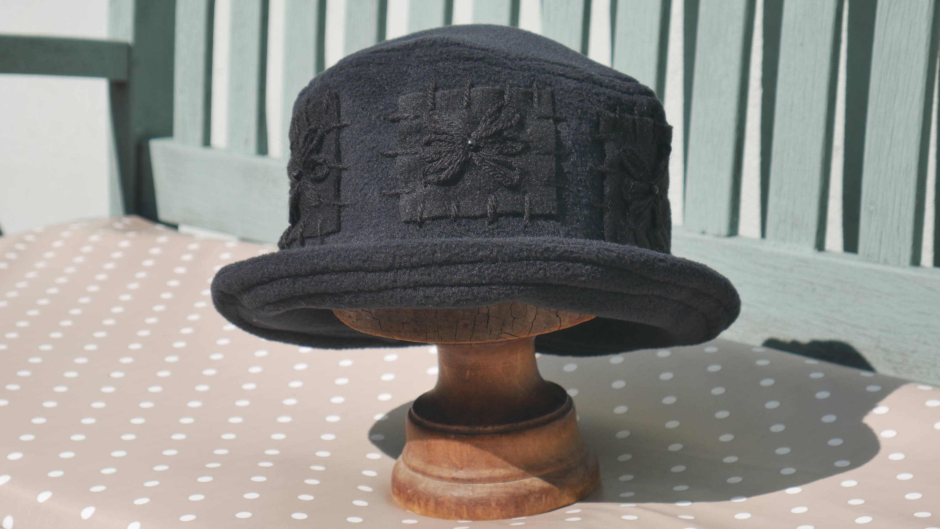 Embroidered Black Fleece Cloche Hat, Handmade Winter Flower 