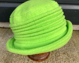 Lime green fleece cloche hat, bright green winter,  green warm hat, green soft chemo, 1920s