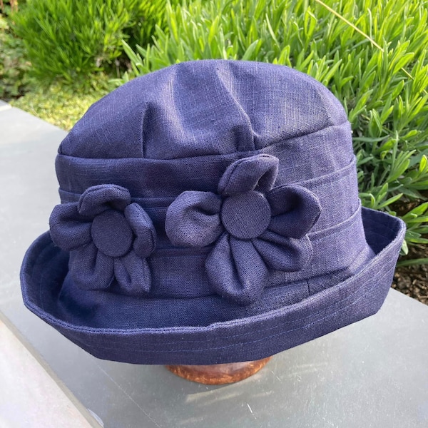 Navy linen summer sunhat, blue cloche sun hat, wedding hat, gardening, festival hat, garden sun hat, Mother's day gift, gift for gardener