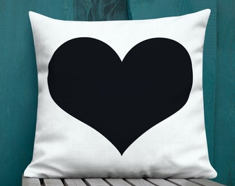 Black Heart Pillow, Heart Pillows, Black Toss Pillow, Black and White Heart Pillow, Heart Pillow Cover, Teen Room Decor