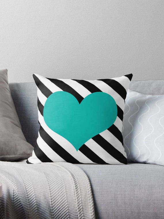 Turquoise Heart Pillow Heart Stripe Pillow Heart Pillow Case Turquoise Heart Stripe Black White Turquoise Pillow Turquoise Bedroom