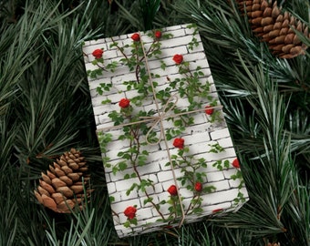 White Brick and Red Rose Wrapping Paper, Brick Print Gift Wrap, Roses Gift Wrap, White Brick Gift Wrap