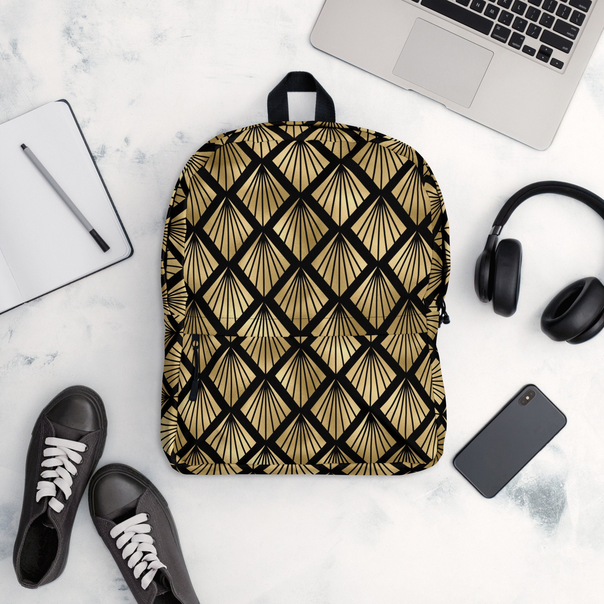 Black and Gold Art Deco Backpack, Black and Gold Book Bag, Art Deco Backpack, Back To School Backpack, Travel Bag