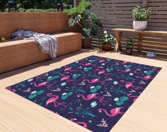 Navy Blue Flamingo Area Rug, Tropical Area Rug, Flamingo Patio Rug, Flamingo Bathroom Rug, Flamingo Kitchen Rug