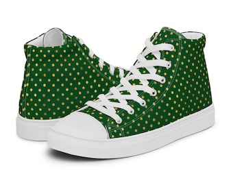 Women's Green Polka Dot St Patrick's Day Sneakers, St. Patrick's Day High Top Shoes, Green and Gold Polka Dot Sneakers, St. Pats Day Shoes