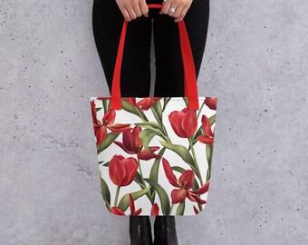 Red Tulip Tote Bag With Pocket, Tulip Flower Market Tote, Red Floral Shopping Bag, Tulip Lover Gifts