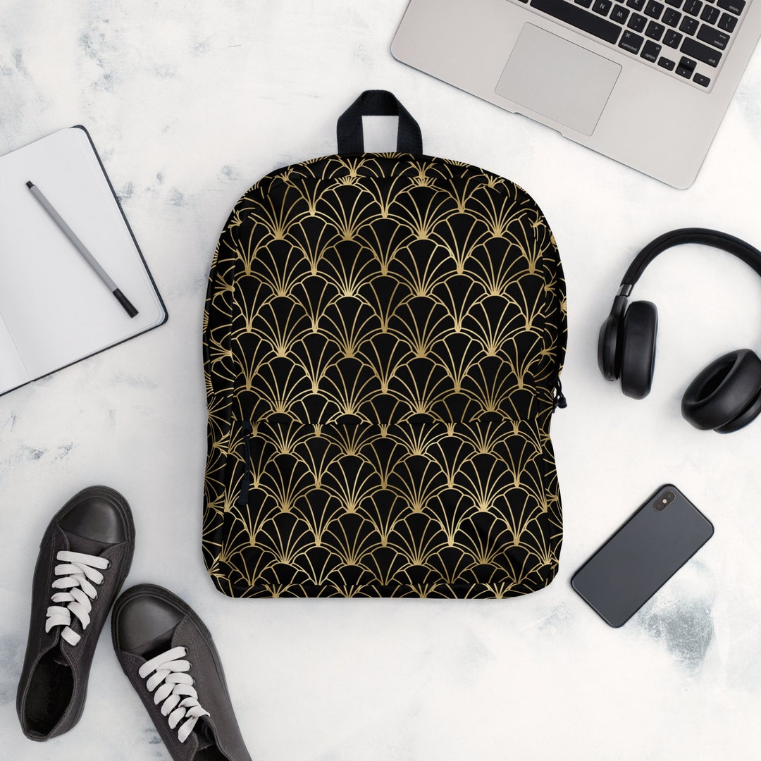 Black and Gold Backpack, Art Deco Backpack, Black and Gold Bag, Gold ...