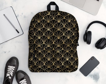 Black and Gold Backpack, Art Deco Backpack, Black and Gold Bag, Gold Abstract Backpack, Gold Geometric Backpack