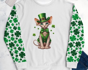 Hairless Cat St Patrick's Day Sweatshirt, Cat Lover St Pat's Day, Cat and Shamrocks Sweatshirt