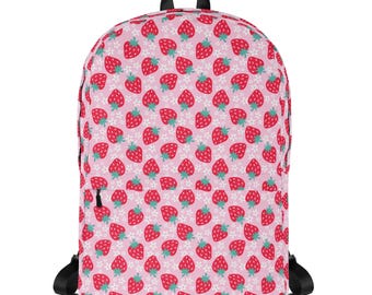 Strawberry Backpack For Everyday or Back To School, Fruit Print Backpack, Strawberry Print Backpack, Strawberry Bag, Berry Pattern Backpack