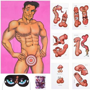 Customized Pin The Willy on the Man Stickers, Junk on Hunk Game, Hen Do Stag Bridal Drinking Party, 12 Sticker, Poster, eye mask