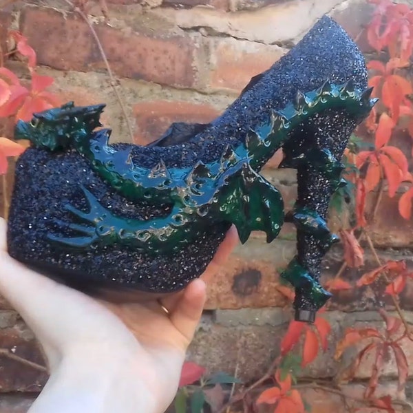 Emerald Dragon Heels Custom Sculpt Paint Kraken Green Black Octopus Shoe Size 3 4 5 6 7 8  High Platform goth gothic fashion rockabilly punk
