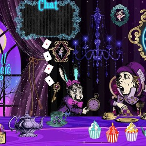 Animowany szalony herbaciany wieczór Twitch Ekran startowy Alicja w Krainie Czarów Nakładka Fioletowy Różowy Zegar Odliczający Kapelusznik Zając Marzec Kawaii Pastel Goth