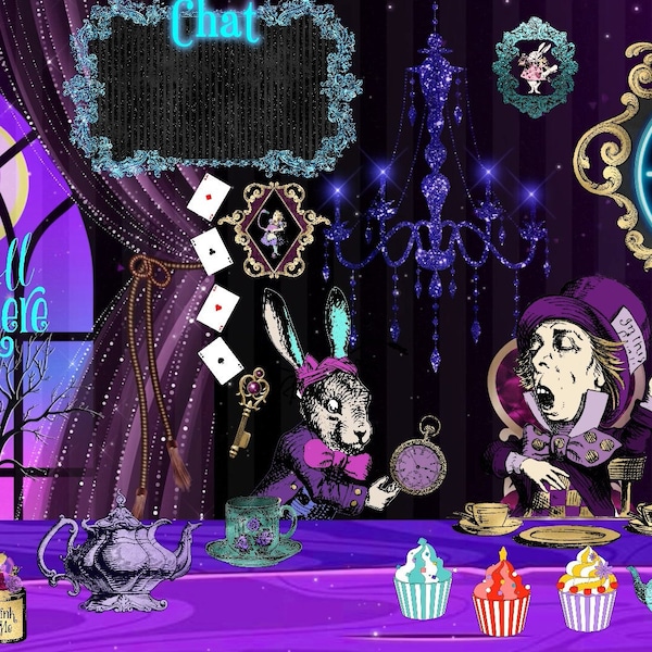 Animated Mad Tea Party Twitch Starting Screen Alice in Wonderland Overlay Purple Pink Countdown Clock Hatter March Hare Kawaii Pastel Goth