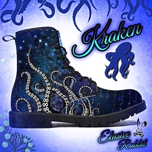 Gothic Kraken Winterlaarzen Tentakel Inktvis Cthulhu Blauw Zwart Steampunk Wit Zeewezen UK 3 4 5 6 7 8 Gesloten teen Kunstleer Schoen Plat
