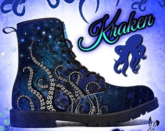 Gothic Kraken Winter Boots Tentacle Squid Cthulhu Blue Black Steampunk White Sea Creature UK 3 4 5 6 7 8 Closed Toe Faux Leather Shoe Flat